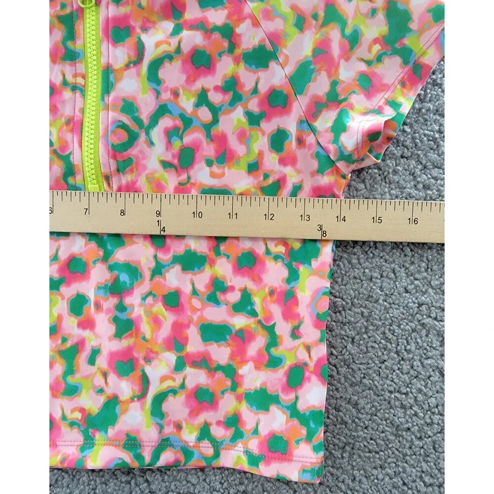 ID Ideology Blurred Floral Rash Guard Big Girls L Cerise Pink Half-Zip Closure